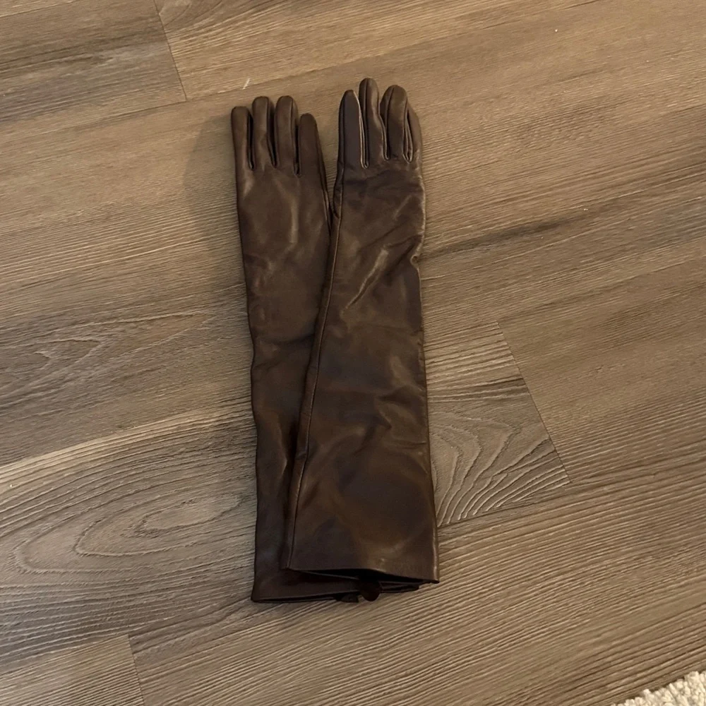 NWT brown calf leather elbow length fleece lined gloves